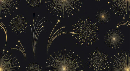 “Seamless vector pattern of abstract fireworks in gold and silver on dark background, elegant and minimal festive design.”