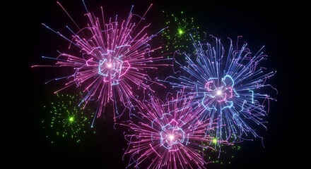 Fototapeta premium “Abstract neon fireworks in vibrant pink, blue, and purple tones, glowing futuristic light effects on dark background.”