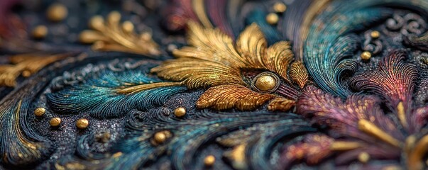 Ornate, detailed decorative panel with gold, teal, and crimson colored floral embellishments