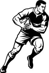 Rugby Player Running with the Ball in Black and White