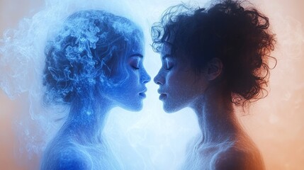 Two figures symbolize harmony, cloaked in colors representing opposing forces in serene stillness