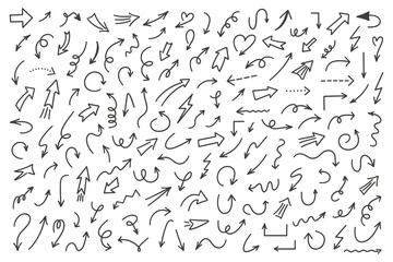 Hand drawn arrow vector set. Collection different doodle design elements, mark point icons for business and education.