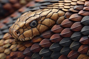 Close-up of a snake's head and body, showcasing intricate scales