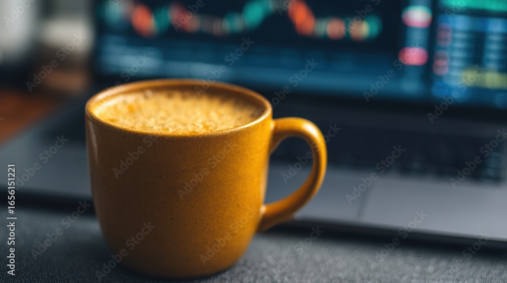 Poster a warm cup of coffee sits on a desk in front of a laptop displaying financial charts and data, creat