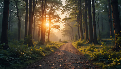 Obraz premium sunrise in the woods, road, tress, 32K Resolution