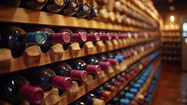 A rustic wine cellar with neatly arranged bottles and colorful caps exudes warmth and craftsmanship - Powered by Adobe