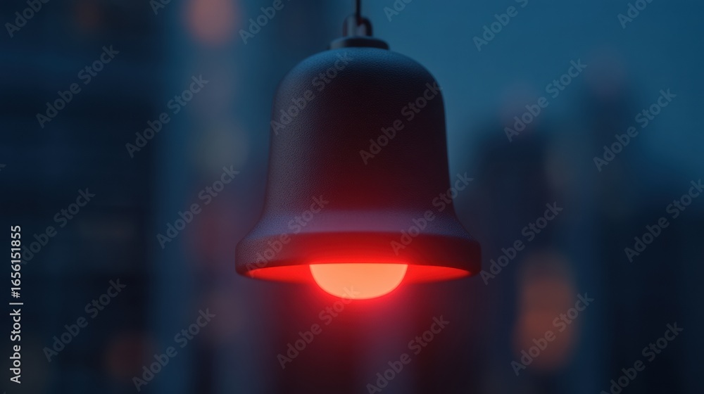 Poster A glowing red bell hangs against a blurred cityscape, creating a striking visual contrast in a twilight setting.