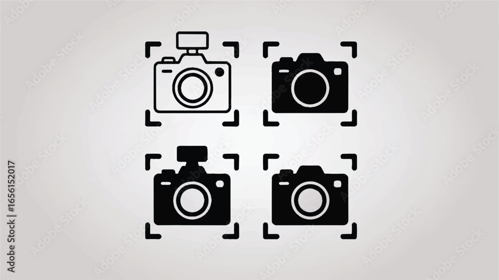 Poster camera icon collection representing photography technology and focusing functionality for design and