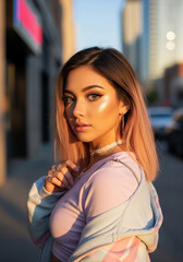 Fototapeta premium Stylish and Confident Realistic Anime Girl Posing in a Sunlit Urban