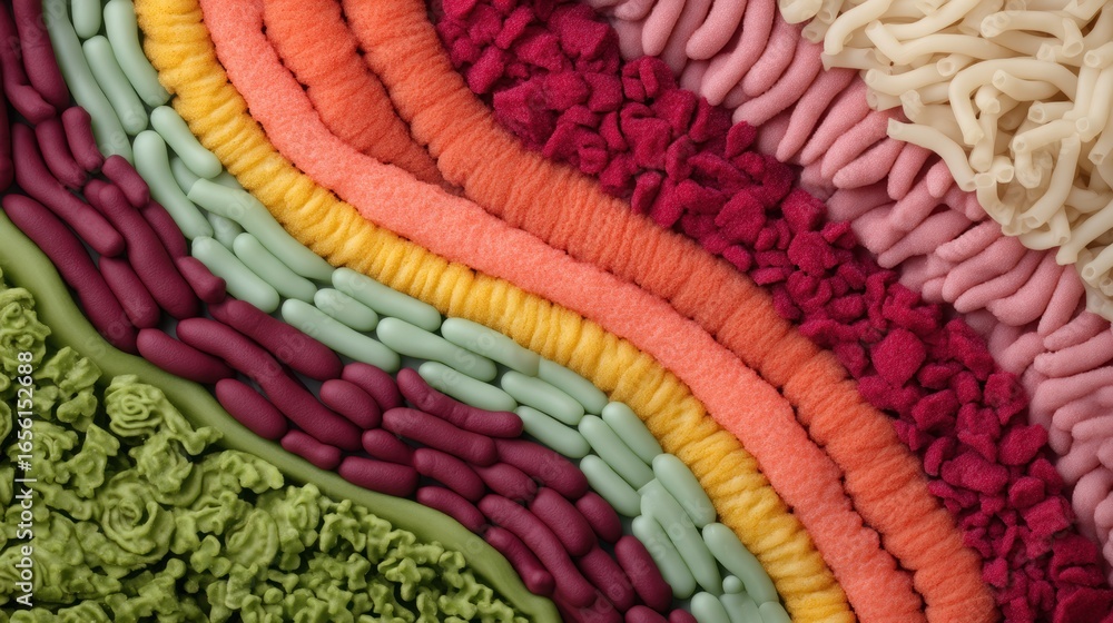 Poster a colorful representation of bacterial structures, showcasing various shapes and textures in a layer