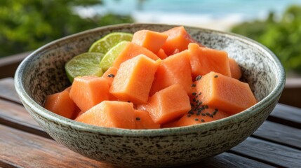 Fresh papaya cubes in bowl, with lime slices. Tropical setting