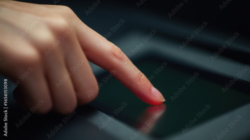 Poster a close-up of a finger touching a fingerprint scanner, illustrating biometric technology and securit