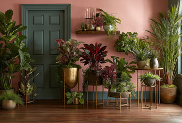An indoor garden with a variety of potted plants against a pink wall and a green door frame