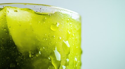 Close-up of a chilled, vibrant green drink in a glass, with condensation and ice