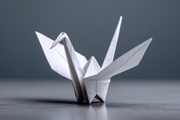 Folded paper crane, white on gray