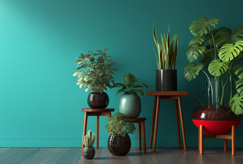 A collection of potted plants arranged against a teal wall with wooden stands and a wood floor