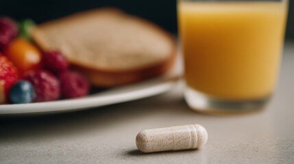 A close-up of a dietary supplement capsule on a table, with a plate of fruits and toast, accompanied by a glass of orange juice in the background.