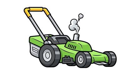 Fototapeta premium Illustration of a green lawn mower with smoking exhaust and yellow handle on a white background image on transparent background