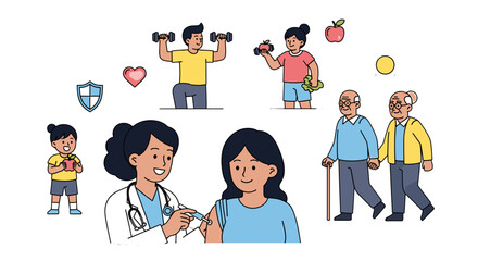 Illustration showing a doctor giving a vaccine to a patient with healthy lifestyle activities around her on transparent background