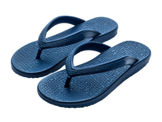 Pair of dark blue textured flip flops for summer beach wear isolated on transparent background