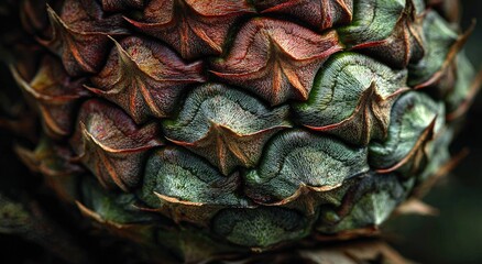 Close-up view of a pineapple's textured skin.  Dark background.  Intricate patterns of  brown, red, and teal.  Sharp, spiky protrusions