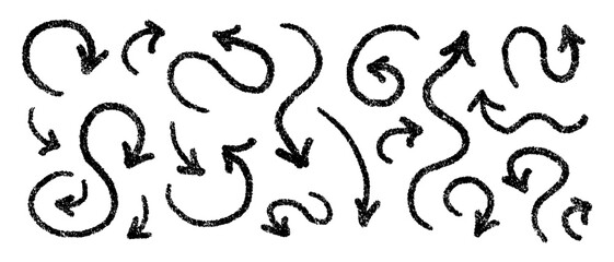 Various charcoal arrows set. Hand drawn brush sketch line, crayon pastel pencil chalk. Vector doodle symbols. Scratched curved strokes and waves