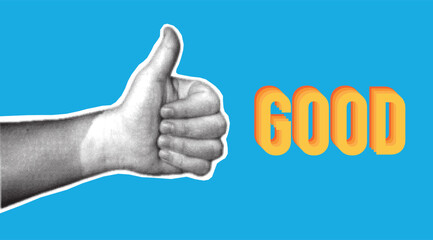 A halftone textured Thumb up hand sign symbol of Positive feedback. Pop art Approve collage sticker, icon.