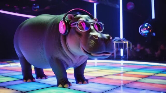 Cool hippopotamus wearing pink headphones and sunglasses is enjoying the music and dancing on a colorful disco dance floor, creating a fun and surreal party atmosphere
