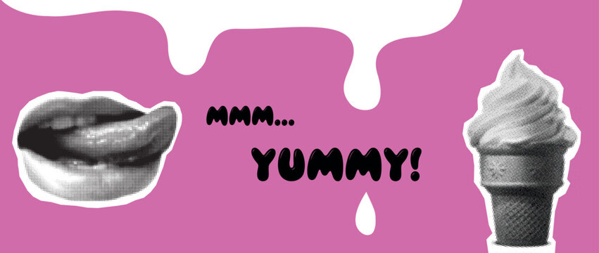 open mouth with tongue in halftone style and hand holding ice cream with halftone effect, trendy yummy summer collage
