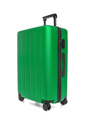 A modern green hardcase suitcase with wheels and a retractable handle is displayed isolated on a white studio background, representing travel and mobility.