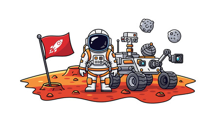 Illustration of an astronaut standing on a martian surface with a rover and a flag with a rocket design on transparent background