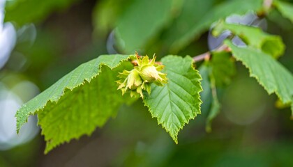Hazelnut buds on a branch with vibrant green leaves.