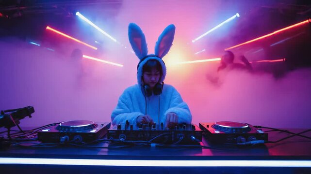 Female dj wearing a bunny ears costume is mixing music on a dj controller in a nightclub with colorful neon lights and a foggy atmosphere, while people are dancing in the background