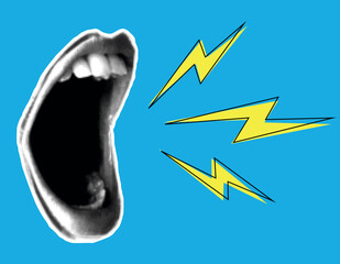Dynamic pop art collage of an open mouth with halftone texture and bold graphic elements with lightnings. Loud scream