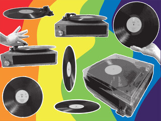 Trendy halftone elements vinyl records with photocopy effect. Grunge punk dotted stickers for collage, poster, print, music cove