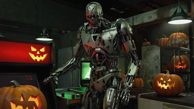 Futuristic cyborg is playing arcade game decorated with halloween pumpkin while other pumpkins are displayed on shelves in dark vintage room