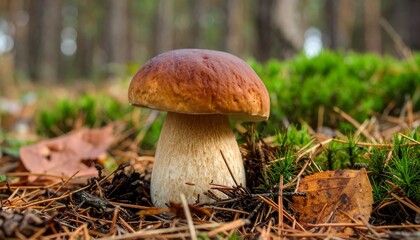 Boletus edulis. A large, rounded cap of the porcini mushroom resting on a bed of pine needles and fallen leaves. 