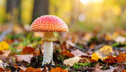 Amanita muscaria. The iconic red-and-white spotted mushroom with its bold, eye-catching appearance stands out against the forest’s autumn palette.