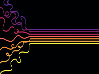Vector abstract illustration with bright gradient lines moving from chaotic tangled curves to clean straight lines. Conceptual artwork about transformation, harmony, structure, and balance