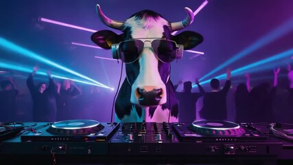 Funny cow wearing sunglasses and headphones, spinning tracks as a dj at a lively party. People dancing joyfully, surrounded by vibrant laser lights creating an electrifying atmosphere - Powered by Adobe