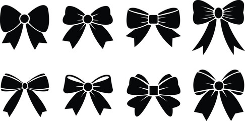 Obraz premium Black ribbon bow icon set in flat styles, Monochrome gift decoration, Present wrap, holiday ornament, Wedding accessory, Fashion symbol, Graphic design illustration isolated on transparent background.