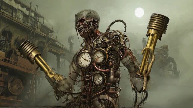 Steampunk mutant with embedded clocks stands in a desolate industrial landscape, wielding futuristic weapons, creating a striking contrast of decay and advanced technology under a pale moon