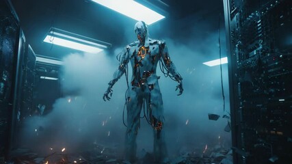 Futuristic damaged robot emerging from smoke and fire in destroyed server room, sparks flying around, concept of machine rebellion and artificial intelligence taking over - Powered by Adobe
