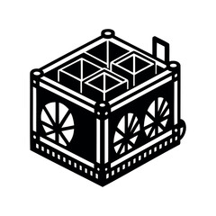 Isometric black and white technical drawing of a container with circular decorations