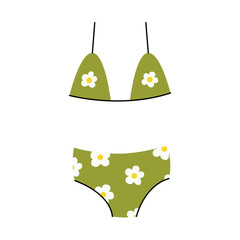 Bikini, lingerie. A two-piece women's undergarment consisting of a bra top and panty bottom. Feminine swimwear, swimsuit. Flat vector illustration isolated on a white background.