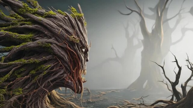 Creepy monster rising from a murky swamp, intertwining roots and gnarled branches emerging in a misty forest, creating a dark, eerie atmosphere filled with suspense and horror