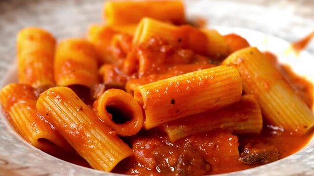 Closeup of Rigatoni Amatriciana ( Rigatoni all&rsquo; Amatriciana)