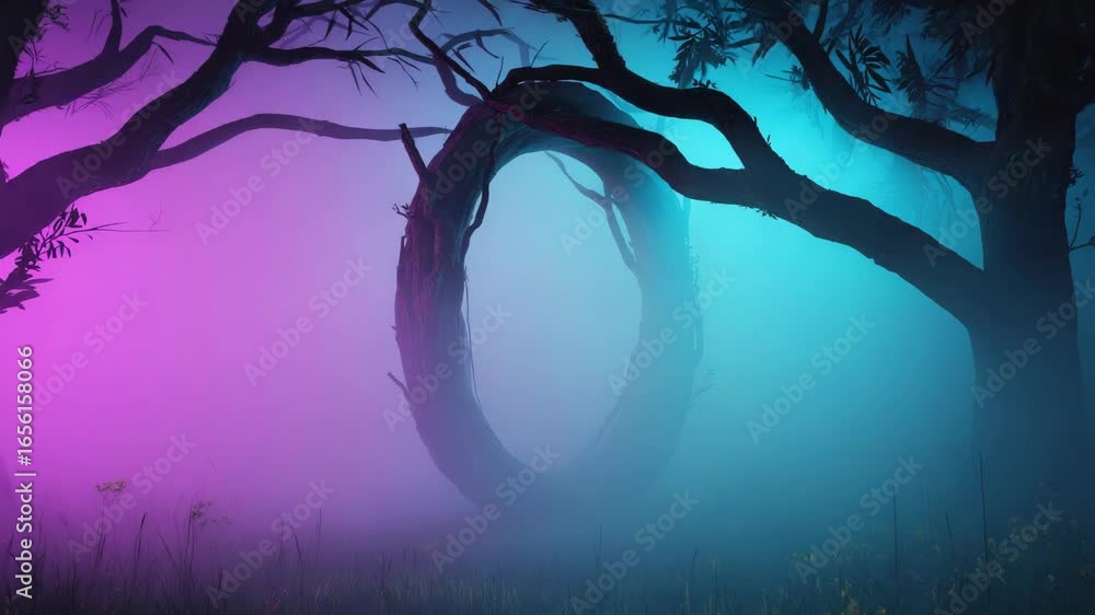 Poster twisted tree branches create a glowing circular portal in a misty, neon-lit forest, immersing viewer