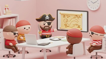 Funny Chibi Pirate Office Business Meeting. Cute Pirate Teamwork Illustration. International Talk Like a Pirate Day