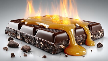 Melted caramel drips from a fiery chocolate bar